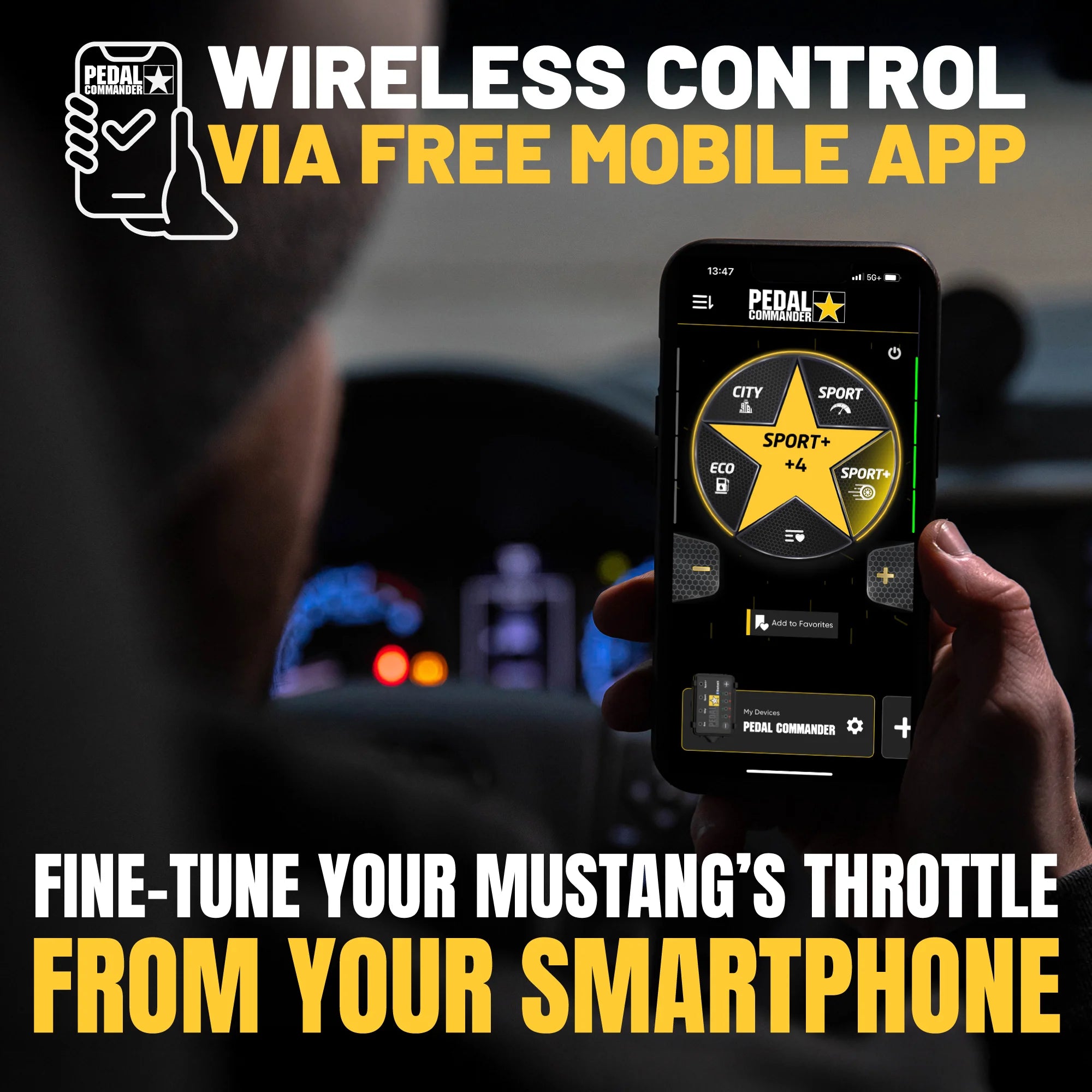 Person holding a smartphone with a car control app displayed, with text about wireless control via free mobile app.