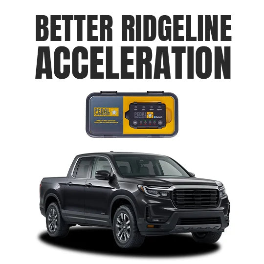 Black pickup truck with Pedal  Commander device labeled 'Better Ridgeline Acceleration' 
