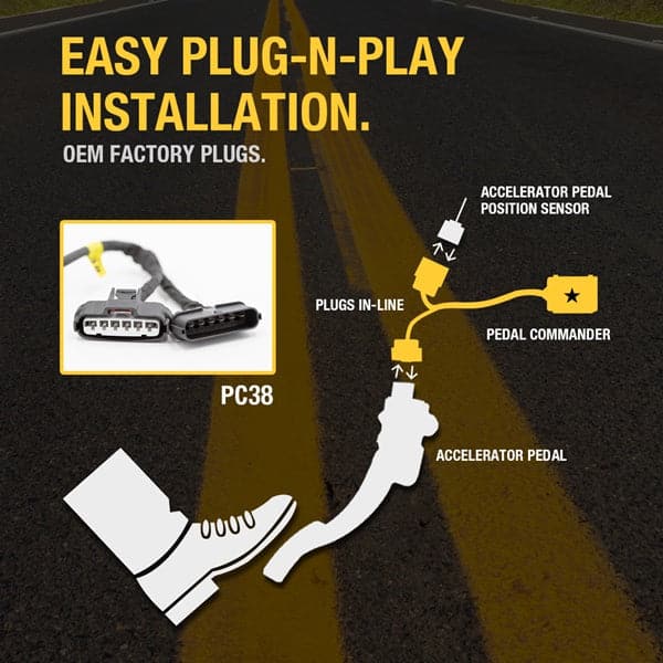 Merchant Pedal Commander PC38 has an easy plug-n-play installation between your accelerator pedal sensor and accelerator pedal