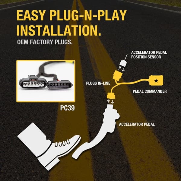 Merchant Pedal Commander PC39 has an easy plug-n-play installation between your accelerator pedal sensor and accelerator pedal